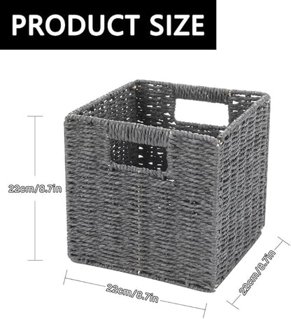 6 Pack 8.7 Inch Wicker Baskets, Hand Woven Paper Rope Storage Baskets, Foldable Cube Storage Bins Organizer Square Wicker Cubes for Shelves Pantry Organizing & Decor (Gray)