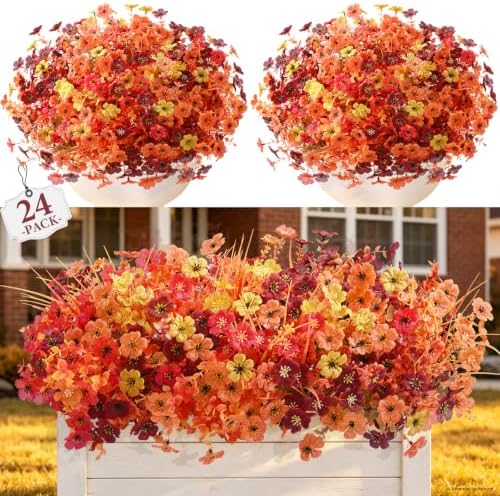 Yastouay Fake Mums, 24 Bundles UV Resistant Artificial Mums for Outdoors by Yastouay