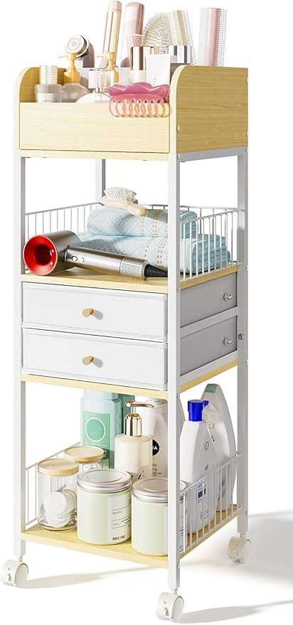 TidyStash Rolling Cart with Drawers 4-Tier Storage Cart with Large Drawers, Heavy-Duty Steel Frame and Wood Shelves Organizer for Makeup, Skincare Bathroom Kitchen Dorm Vanity Home Supplies