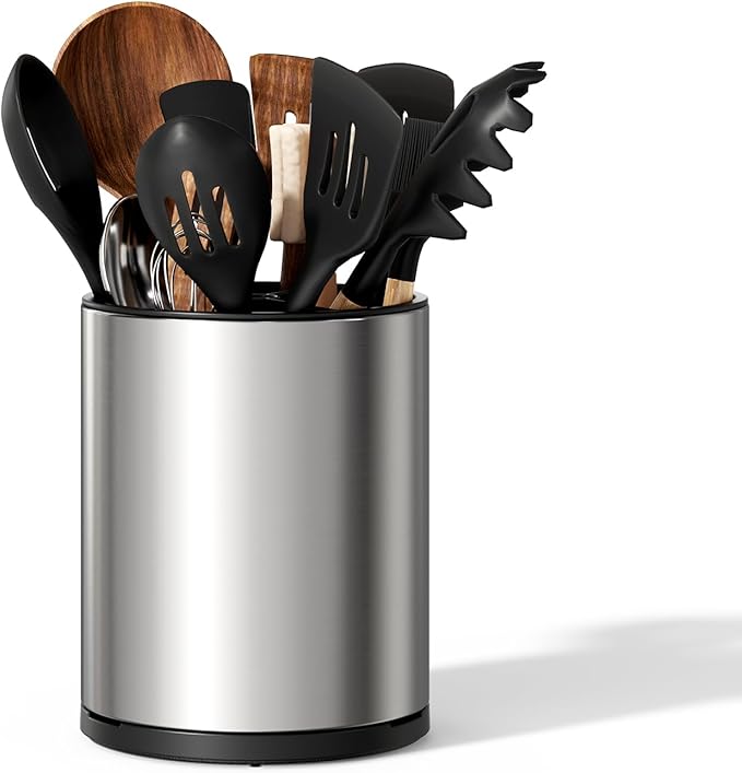 Utensil Holder For Kitchen Counter, Large 360°Rotating Stainless Steel Utensil Crock with 3 Compartment, Drainage Non-Slip