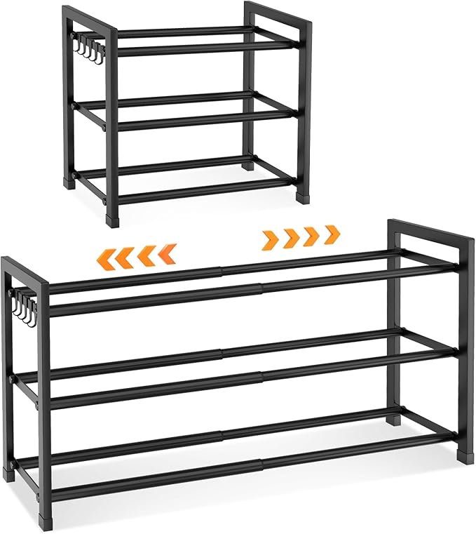 LANTEFUL Adjustable 18"-33" Expandable Shoe Rack for Closet 12 Pairs Small Spaces 3 Tier Shoe Organizer with 5 Hooks Metal Shoe Shelf for Entryway, Bedroom