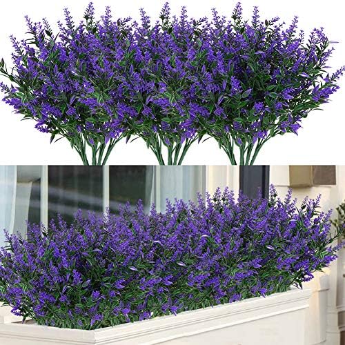 8 Bundles Outdoor Artificial Lavender Fake Flowers UV Resistant Shrubs, Faux Plastic Greenery for Indoor Outside Hanging Plants Garden Porch Window Box Home Wedding Farmhouse Decor (Purple) by ArtBloom