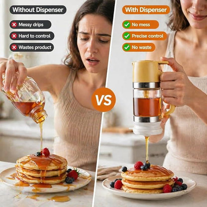 2026 New Dispensador De Leche Condensada, Glass Honey Dispenser with Stand No Drip, Maple Syrup Dispenser for Coffee and Tea Daily Use, Activities, Or Demonstrations (Yellow 300ML)