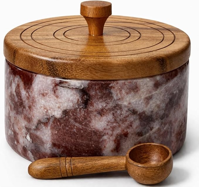 Marble salt cellar with lid and spoon, salt container with spoon, salt bowl with acacia wood lid, salt holder for countertop, salt jar - Red