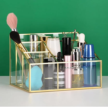 Alipis Glass Makeup Organizer with Gold Trim Large Capacity Cosmetic Display Case for Vanity Lipstick and Brush Holder Transparent Storage Box 7.67X5.70X5.11 Inches