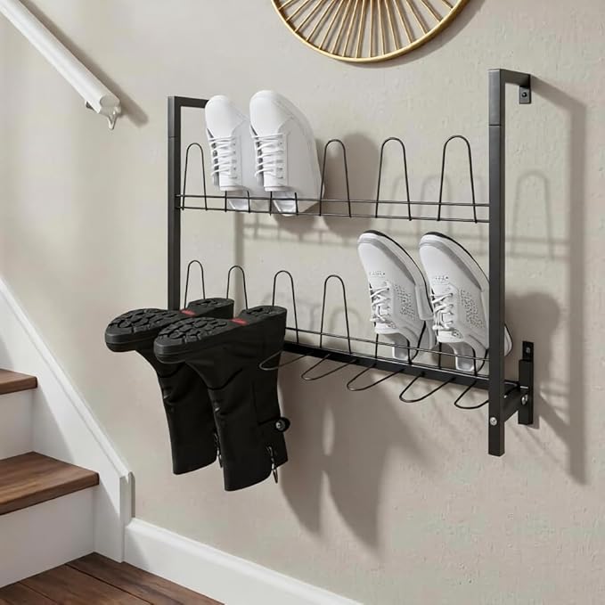 DouSeiAi Metal Wall Mounted Shoe Rack – 3-Tier Hanging Shoe Organizer with 18 Hooks, Space-Saving Boot & Shoe Holder for Walk in Closet, Mudroom, Entryway, Garage, Holds 9 Pairs