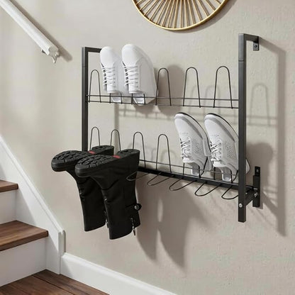 DouSeiAi Metal Wall Mounted Shoe Rack – 3-Tier Hanging Shoe Organizer with 18 Hooks, Space-Saving Boot & Shoe Holder for Walk in Closet, Mudroom, Entryway, Garage, Holds 9 Pairs