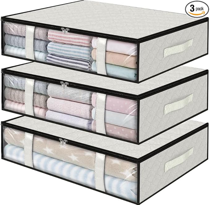 StorageRight Under Bed Storage Bags 3 Pack, 40L Large Clothes & Comforter Storage Containers with Clear Window, Breathable Fabric Organizer for Blankets, Bedding, Seasonal Clothing, White