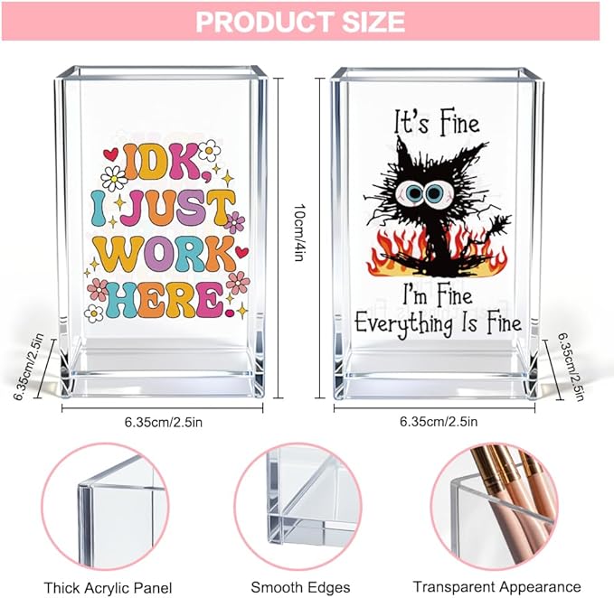 Funny Black Cat Work 2 Pack Acrylic Cosmetic Pencil Pen Holder Cup, Cute Office Pen Holder for Desk, Funny Work Burnout Gifts for Coworker Friend, Office Sarcastic Gifts for Women Colleague Boss