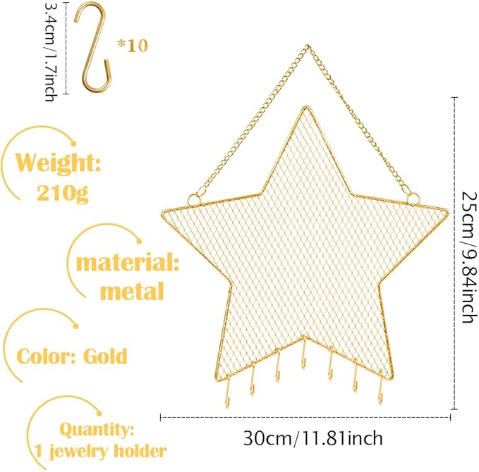 Rolin Roly Earring Wall Holder Mounted Jewelry Rack Hanging Earring Organizer with 7 Hooks Star Shaped for Display Grid Golden Bracelet Necklace Ring