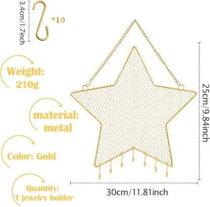 Rolin Roly Earring Wall Holder Mounted Jewelry Rack Hanging Earring Organizer with 7 Hooks Star Shaped for Display Grid Golden Bracelet Necklace Ring