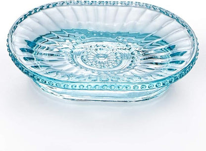 MDLUU Glass Soap Dish, Embossed Bar Soap Holder, Decorative Soap Saver Tray, Vintage Bar Soap Dish for Shower, Bathtub, Bathroom Sink, Kitchen Sink, Pack of 2 (Blue)