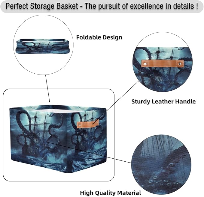 AUUXVA Storage Basket Ocean Kraken Nautical Pirate Ship Animal Octopus Storage Cube Box Durable Canvas Collapsible Toy Basket Organizer Bin with Handles for Shelf Closet Bedroom Home Office