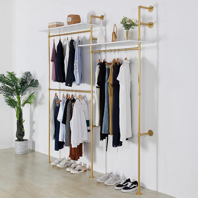 Industrial Pipe Clothing Rack Wall Mounted, Heavy Duty Hanging Clothes Rack Clothing Store Display Stands Garment Rack Closet System, 2 Tier Wood Garment Rack (Gold, 96.5x80.7inch)