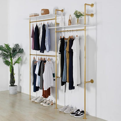 Industrial Pipe Clothing Rack Wall Mounted, Heavy Duty Hanging Clothes Rack Clothing Store Display Stands Garment Rack Closet System, 2 Tier Wood Garment Rack (Gold, 96.5x80.7inch)