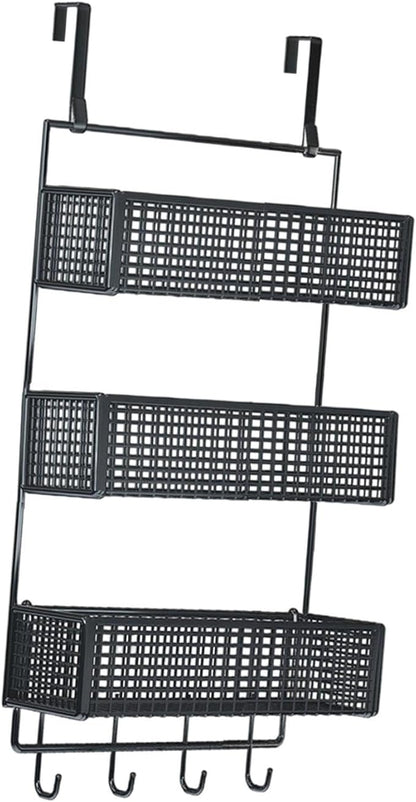 Over The Door Organizer Wall Mounted Shelf Large Capacity Seasoning Shelves Door Back Metal Wire Basket for Cabinet Bedroom, S Black