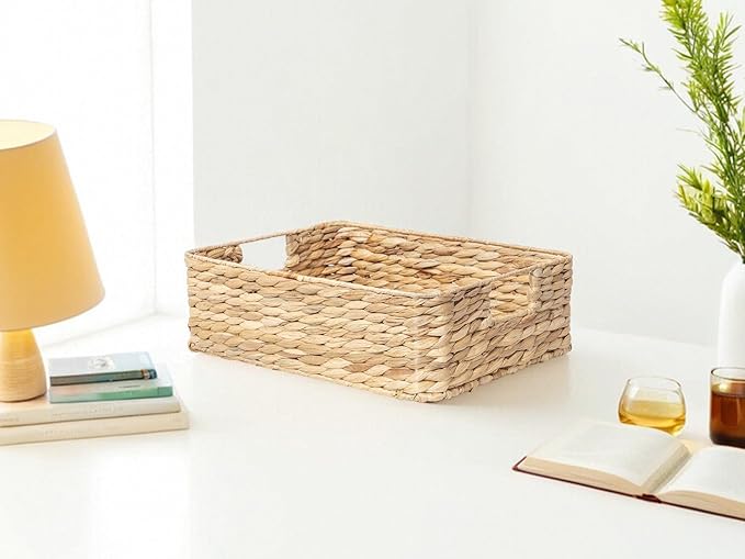 YAHUAN Water Hyacinth Storage Baskets for Organizing Drawer Basket With Handle Square Shallow Basket Wicker Baskets for Shelf (Original)