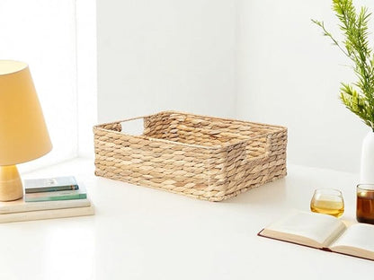 YAHUAN Water Hyacinth Storage Baskets for Organizing Drawer Basket With Handle Square Shallow Basket Wicker Baskets for Shelf (Original)