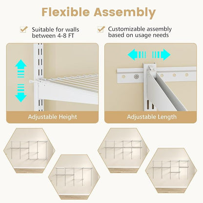 Giantex Closet Organizer System, 4-8 FT Wall-Mounted Closet Shelves and Rod, Adjustable Closet Organization w/ Hanging Rod, DIY Expandable Modular Metal Wire Shelving for Laundry Bedroom (White)