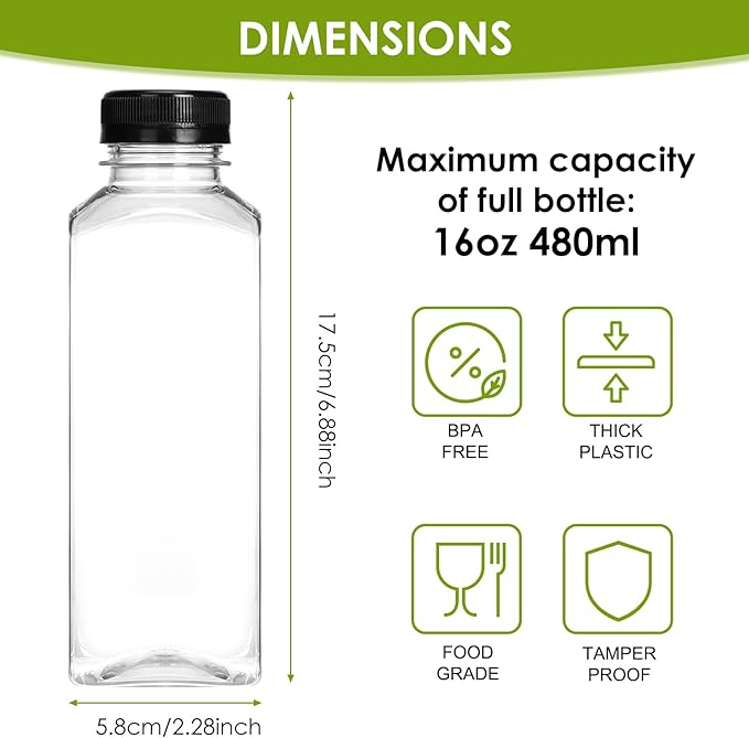 Moretoes 6pcs 16oz Plastic Juice Bottles with Caps, Clear Empty Reusable Water Bottles, Disposable Beverage Containers Bulk for Juicing Smoothies Turmeric Juice Milk and Other Beverages