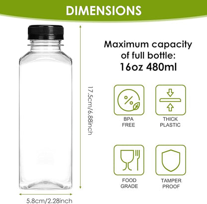 Moretoes 6pcs 16oz Plastic Juice Bottles with Caps, Clear Empty Reusable Water Bottles, Disposable Beverage Containers Bulk for Juicing Smoothies Turmeric Juice Milk and Other Beverages
