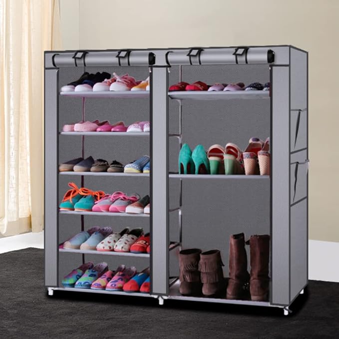 45" The Large Shoe Rack with dust Cover Shoe Rack with Covers on The 6-Floor Non-Woven Shoe Cabinet is Used for Closet, Bedroom and Garage, (2 Row 12 Grid Grey)