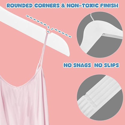 Kids Wood Hangers Without Bar, 24 Pack Baby Children Wooden Hangers with 360° Rotatable Hook for Dress, Coats, and Jacket, Space-Saving Design for Toddler Closet Organization(White)