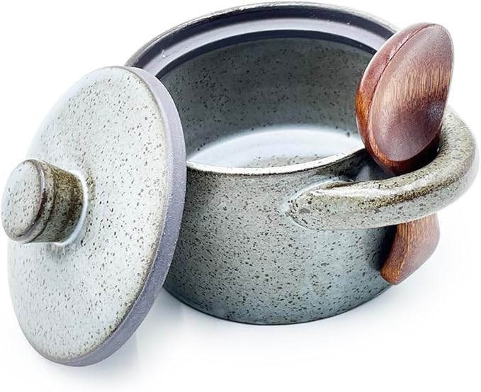 Ceramic Salt Cellar With Lid & Spoon,8oz Salt Container For Countertop,Sugar Bowl,Spice Jar(Gray)