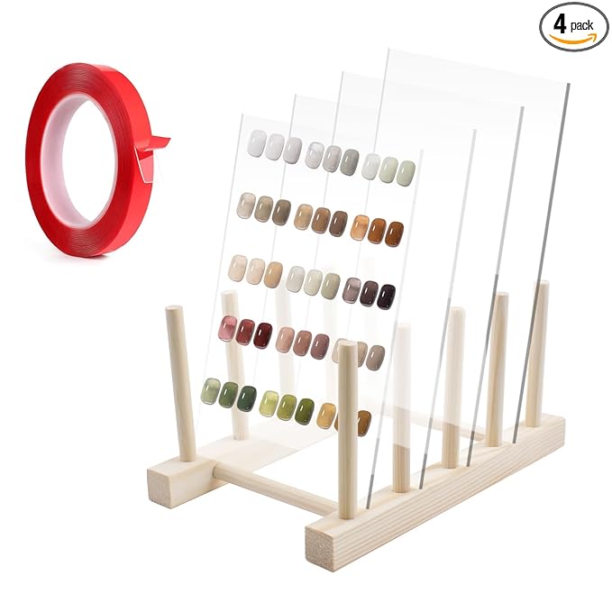4 PCS Transparent Nail Art Display Board with Wooden Display Holder, Acrylic Display Polish Board with Double Sided Tape False Nail Tips Sample Display Holder Nail Color Nail Practice Board