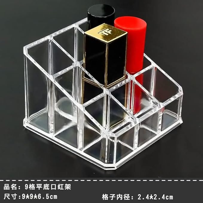 Acrylic Makeup Organizer Cosmetic Storage Display Case Makeup Brush Holder Organizer Lipstick Dispenser Canister Bathroom Container (3.5 x 3.5 x 2.6 in, 9 Partitions, Transparent)