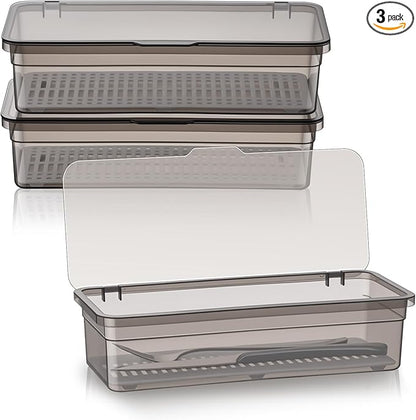Remerry 3 Pcs Flatware Tray with Lid and Drainer, Plastic Utensil Organizer, Kitchen Cutlery Transparent Storage Box with Lid and Drain Rack, Drawer Tableware Storage Box for Home and Travel (Grey)