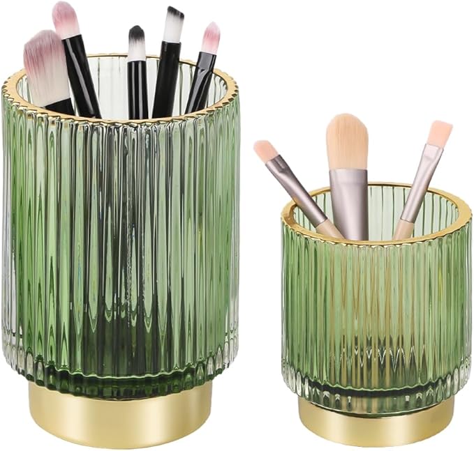 Green Makeup Brush Holder for Vanity, Glass Makeup Organizer Cup, Gold Toothbrush Holders, Pen Holder for Desktop, Vintage Brushes Storage Organizer for Paint Brush, Pen, Pencil, Eyeliner