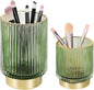Green Makeup Brush Holder for Vanity, Glass Makeup Organizer Cup, Gold Toothbrush Holders, Pen Holder for Desktop, Vintage Brushes Storage Organizer for Paint Brush, Pen, Pencil, Eyeliner