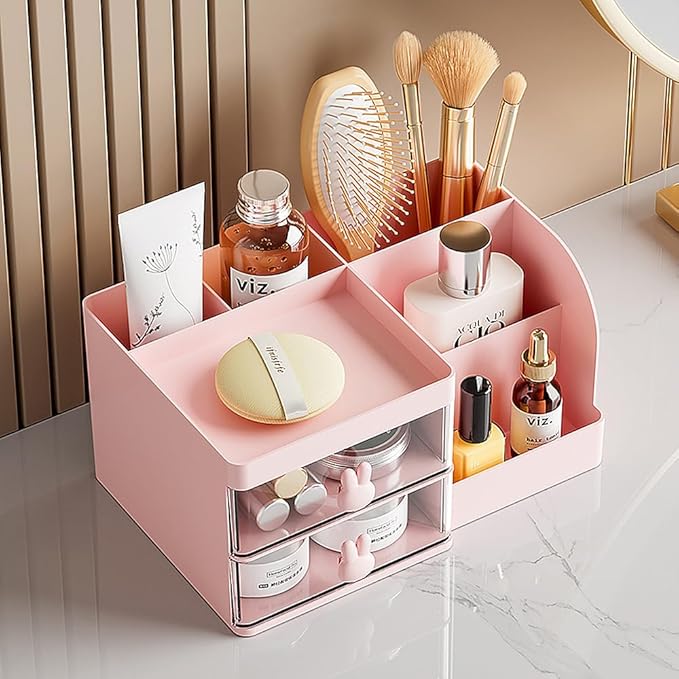 Makeup Storage Organizer with 2 Drawers, Desk Vanity Countertop Skin Care Cosmetic Display Case Make up Stands for Hair Accessories Lipstick Lotions Beauty Skincare Organizing (Pink)