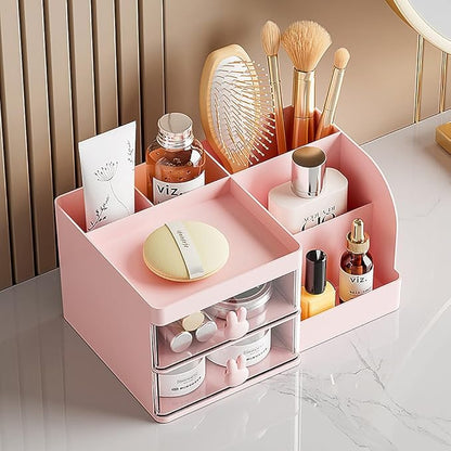 Makeup Storage Organizer with 2 Drawers, Desk Vanity Countertop Skin Care Cosmetic Display Case Make up Stands for Hair Accessories Lipstick Lotions Beauty Skincare Organizing (Pink)