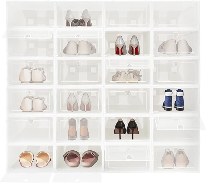 24Pcs Shoe Storage Box, Shoe Box Side Open, Clear Shoe Boxes Stackable, Plastic Stackable Shoe Storage Organizer, for Shoes, Including Sneakers, High Heels, Canvas Shoes, Boots, Etc (White)