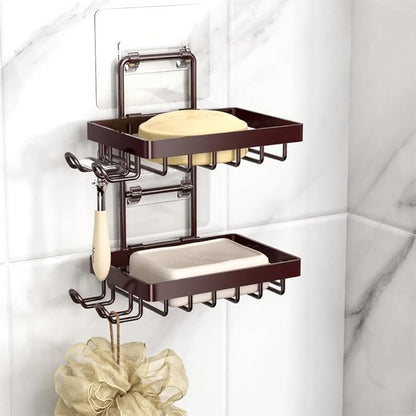 Moforoco Brown Double Soap Bar Holder for Shower, No Drilling, 304 Stainless Steel, Wall Mounted Soap Holder with 4 Hooks and Razor Holder, Shower Rack Soap Tray Bar Soap for Bathroom Accessories