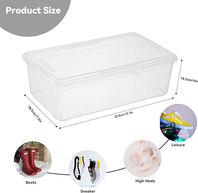 novelinks 8 Pack 6 Quart Clear Plastic Storage Bins with Lids, Stackable Shoe Boxes Plastic Storage Container, Organizer Bins for Shoes Organization (Clear)