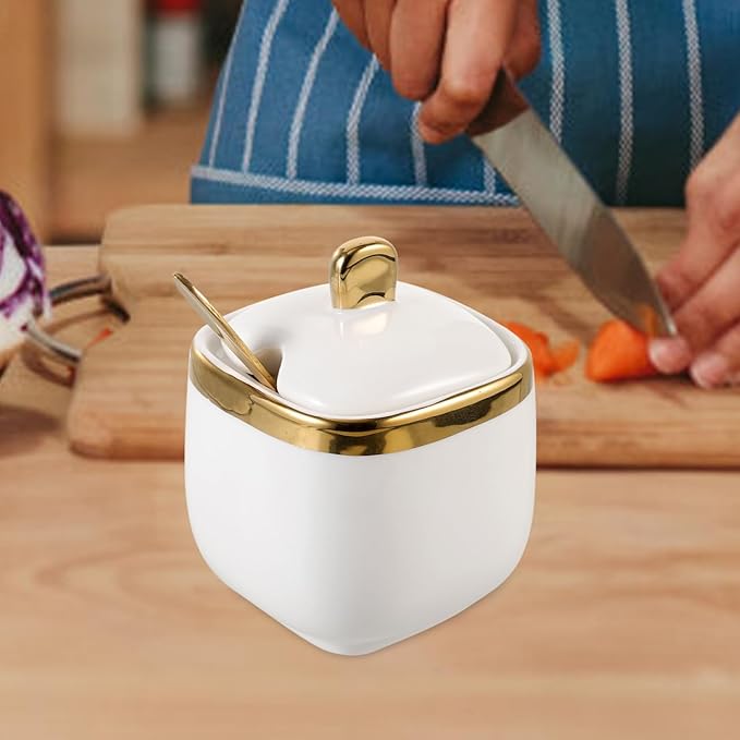 BESTOYARD Small Ceramic Seasoning Jar with Lid and Spoon 3.54 Inch Porcelain Spice Container for Kitchen Countertop Storage of Salt Sugar Herbs