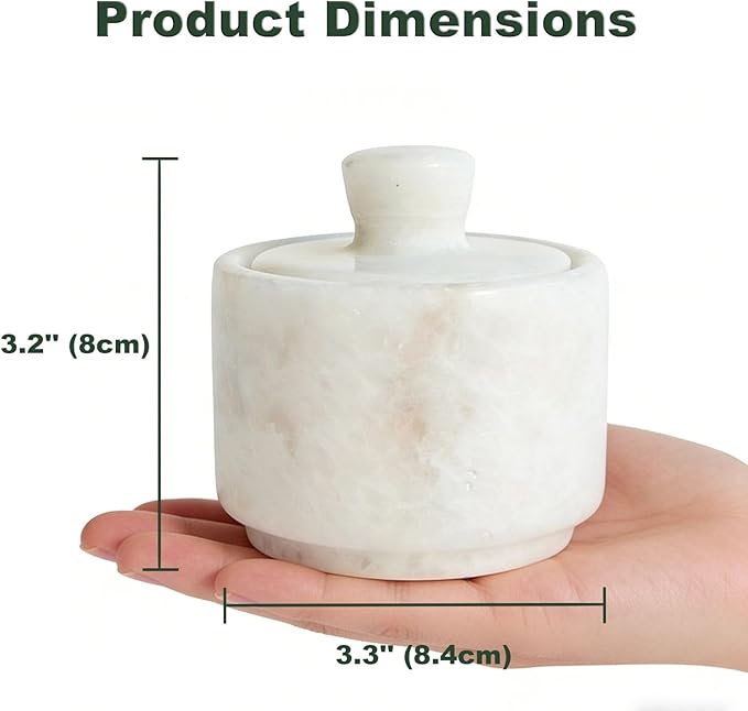 Marble Salt Cellar with Lid & Spoon White, 3-Inch Salt Jar, Kitchen Container for Spice, Marble Storage Box, Spice Jar for Counter, Easy Refill Cleaning