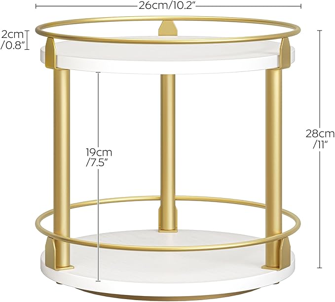 YATINEY Lazy Susan Organizer, Rotating Spice Rack, 2 Tier Spice Turntable Organizer, Industrial Turntable Spice Holder, for Kitchen Countertop and Cabinet, Compact and Versatile, White and Gold SR22DW