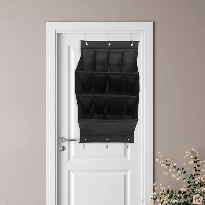 NUOBESTY -the-door Shoe Organizer Rack with 12 Grid Compartments, Foldable Black Polyester Vertical Shoe Storage for Narrow Closet and Door Spaces