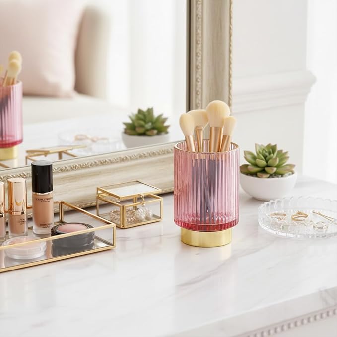 Vintage Makeup Brush Holder Organizer,Dresser Glass Brushes Holder,Vanity Cosmetic Brush Holder,Desktop Crystal Eyeliners Eyebrow Pencil Storage Cup Holder for Countertop (Large Pink)