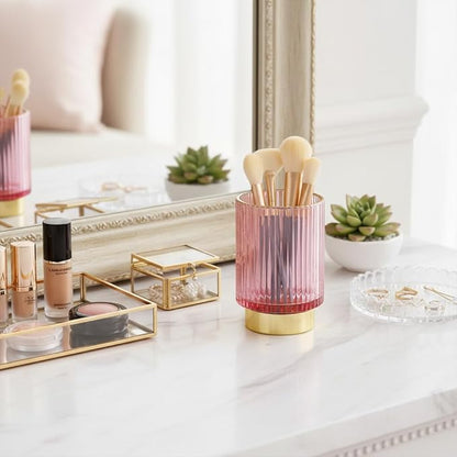 Vintage Makeup Brush Holder Organizer,Dresser Glass Brushes Holder,Vanity Cosmetic Brush Holder,Desktop Crystal Eyeliners Eyebrow Pencil Storage Cup Holder for Countertop (Large Pink)