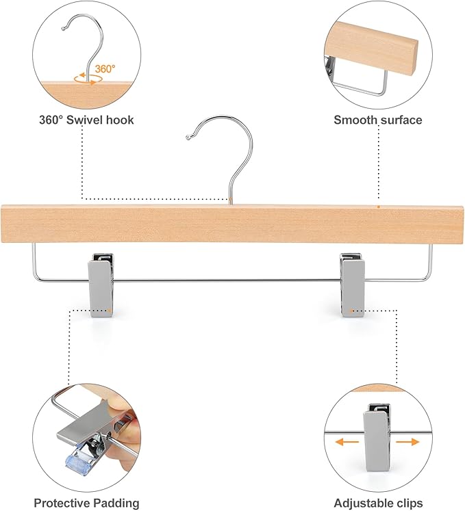 TOPIA HANGER Lotus Wood Pants Hangers, Unfinished Wooden Skirt Short Jeans Trouser Hanger with 360° Swivel Hook Anti Rust 2 Adjustable Clips, 20 Pack, CT10PN20