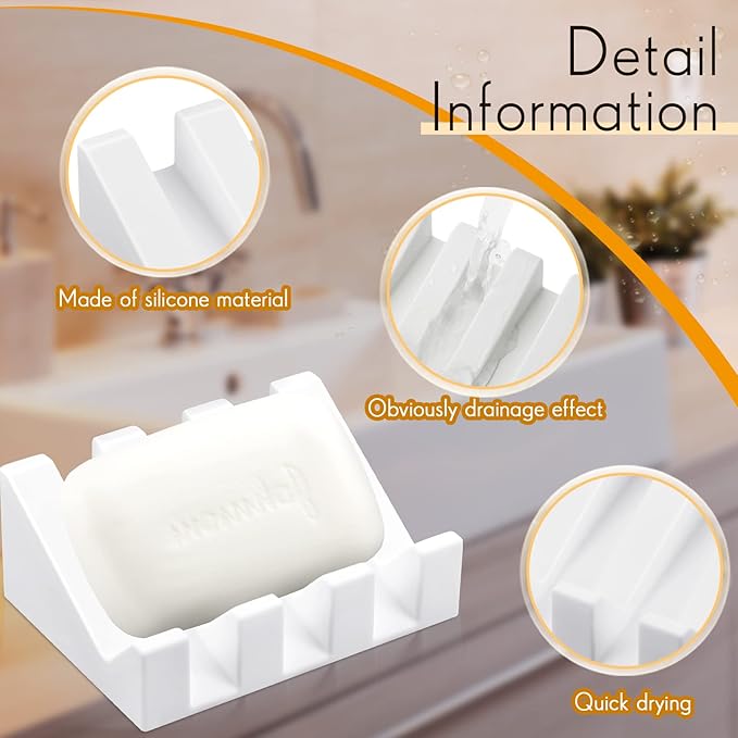 Cunhill 2 Pieces Silicone Soap Dish Self Draining Soap Dish Shower Waterfall Bar Soap Holder Tray with Drain Soap Saver for Kitchen Bathroom Accessories (Bright White)