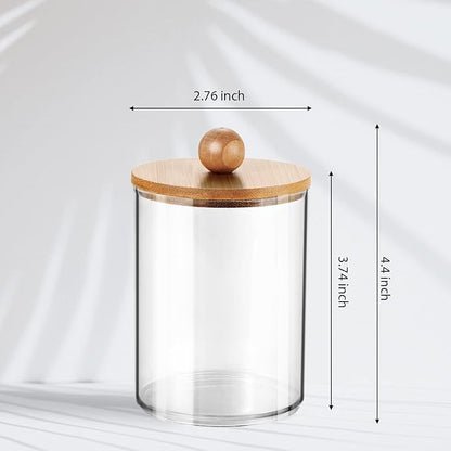 Amolliar 2 Pack Qtip Dispenser with Bamboo Lids - 12 Oz Clear Plastic Apothecary Jar for Vanity Makeup Organizer Storage - Bathroom Decor for Q-Tips Cotton Swabs, Cotton Balls, Pads, Floss