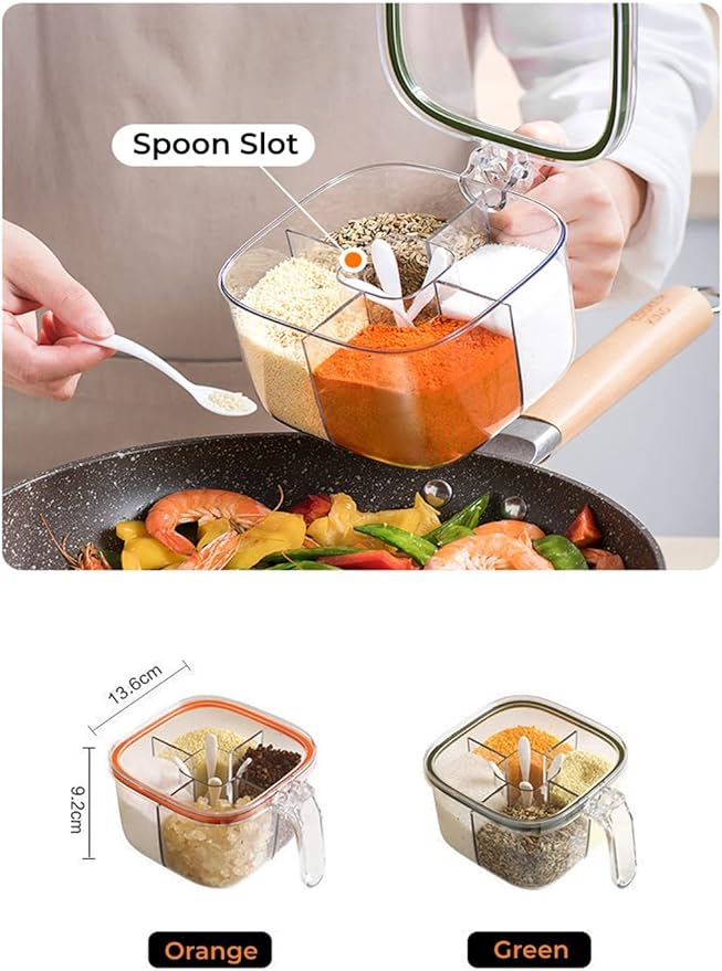 Clear Plastic Condiment Jars - 4 Compartment Set with Lid, Cover and Serving Spoons for Salt, Pepper, Powder