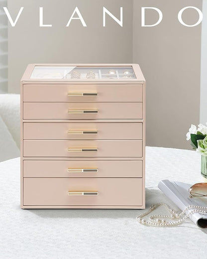 VLANDO 6 Layer Jewelry Box for Women, Glass Lid Jewelry Organizer with 6 Drawers for Necklaces Rings Earrings Bracelets - Toffee