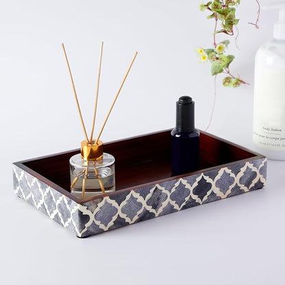 Handicrafts Home 10"x6" Vanity Tray for Bathroom Countertop, Moroccan Bone Inlay Decorative Organizer Tray for Perfume, Jewelry, Cosmetics & Dresser Decor, Rectangular Catchall Tray, Grey White